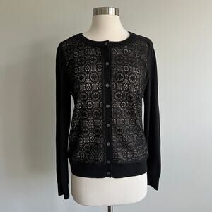 Banana Republic Lace Overlay Cardigan Sweater Black Nude Poly Wool Blend Medium
